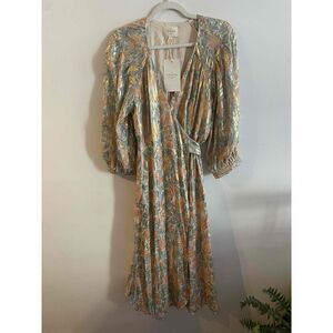 RARE NWT Sézane Orchidee Metallic golden Wrap silk midi Dress Size 40
